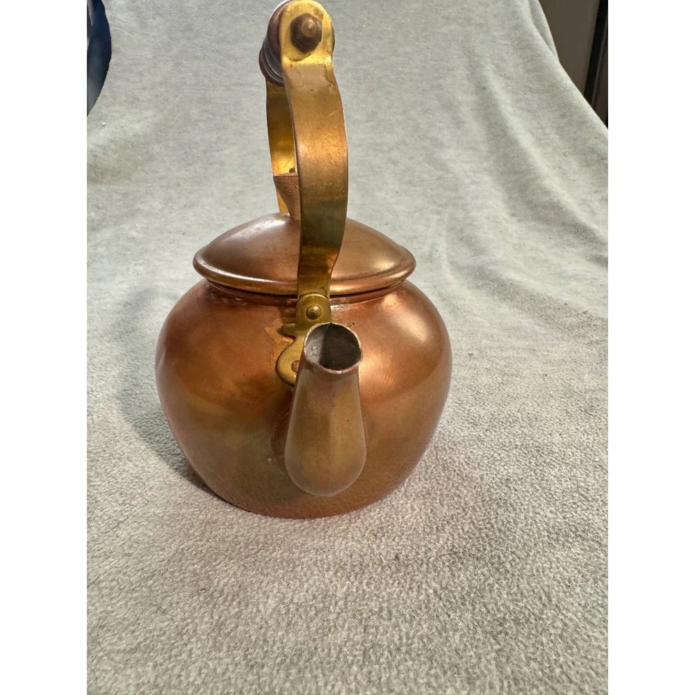 Vintage Copper Tea Kettle Brass‎ Handle Wood Grip Stovetop Decorative Teapot